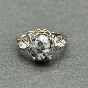 STS Signed 925 Sterling Silver Pinolith Jasper White Buffalo 3-Stone Size 9